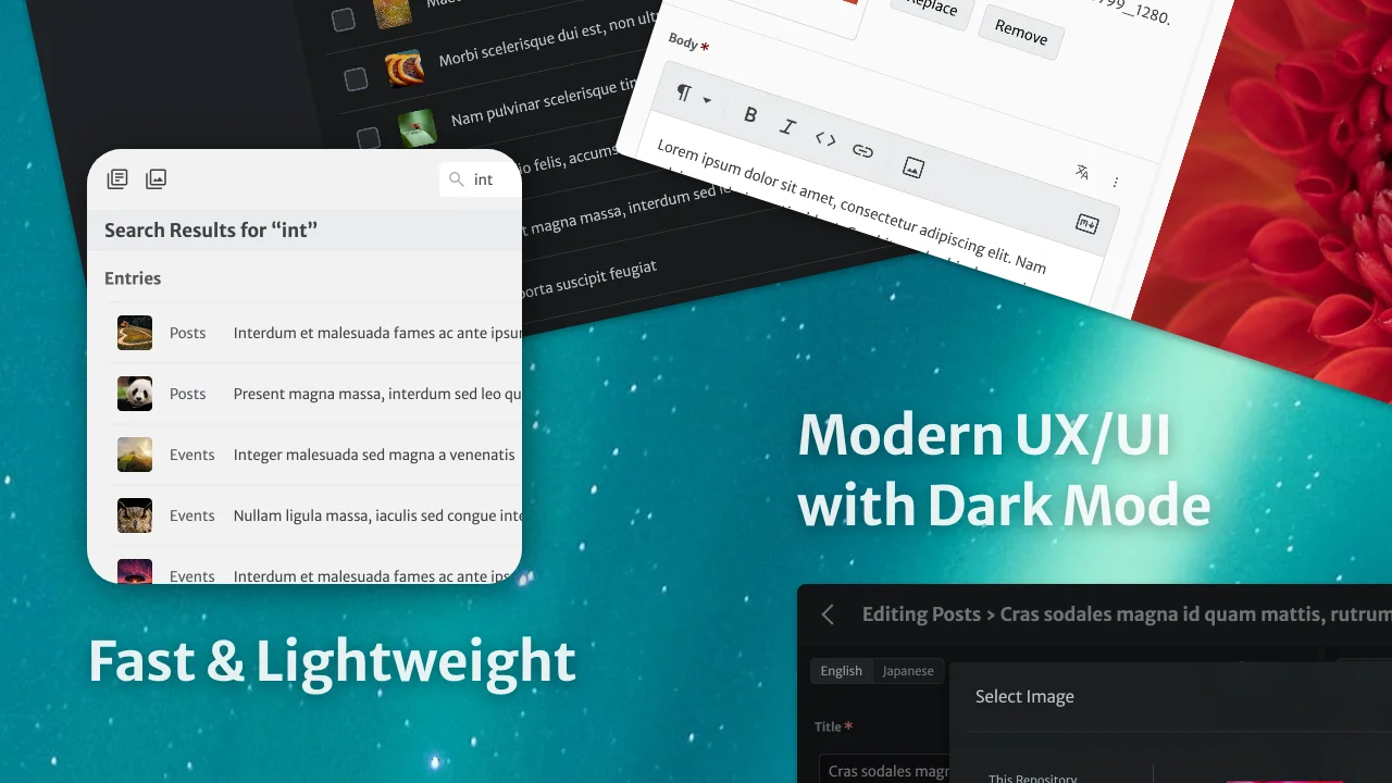 Rich text editor with search and dark mode interface