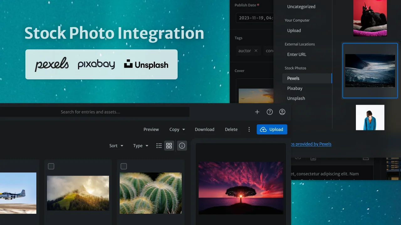 Stock photo integration with Pexels, Pixabay and Unsplash