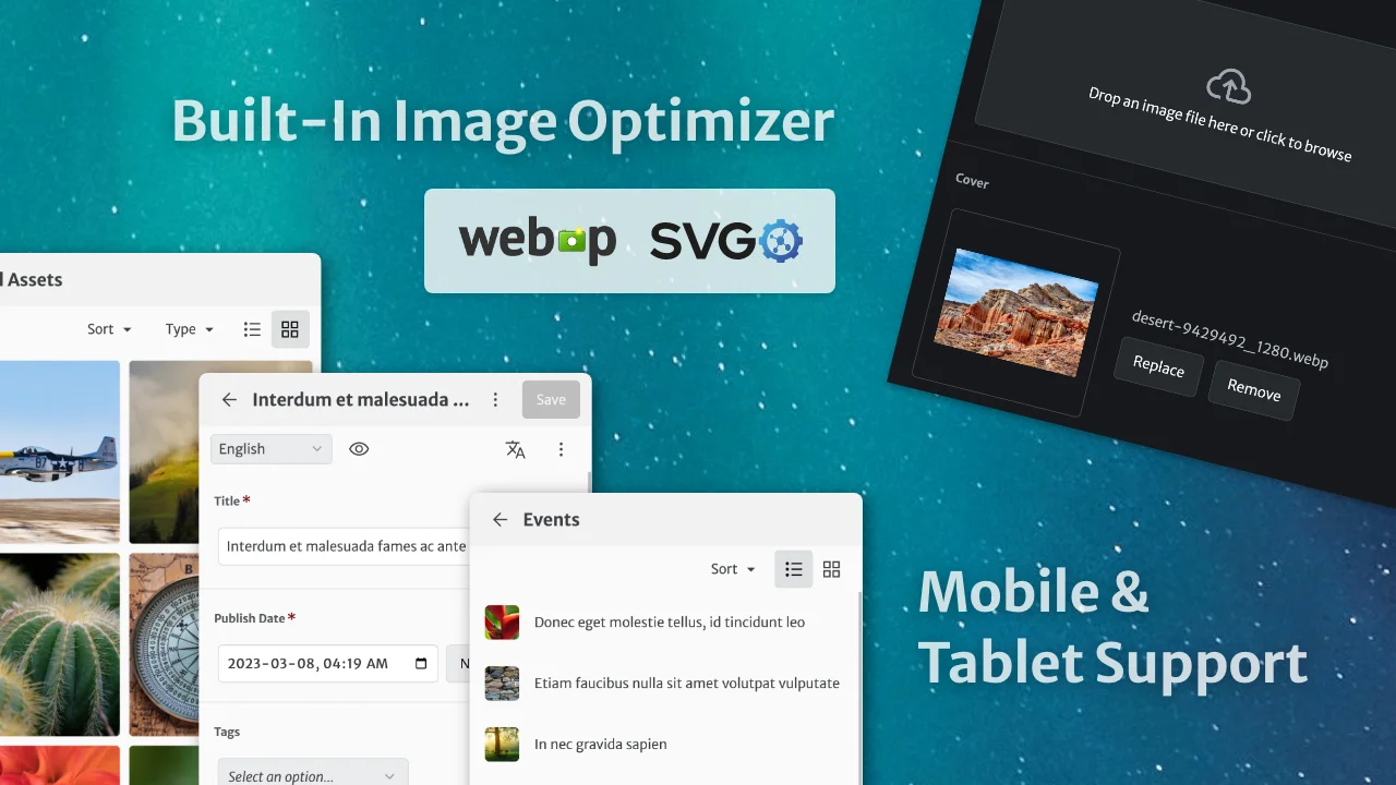 Mobile responsive editing interface with image optimisation